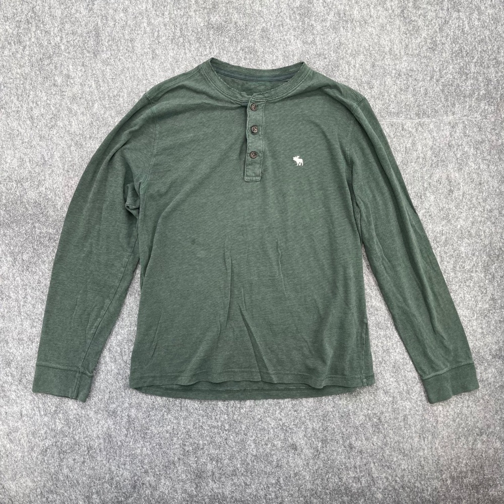 Abercrombie & Fitch Shirt Mens Medium Long Sleeve Henley Shirt Green Moose Logo